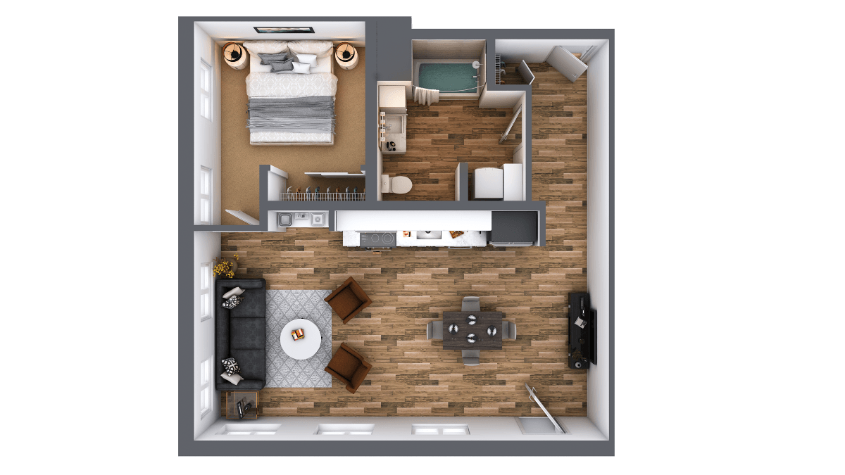 Floor plan for 1 bed, 1 bath, 797 sqft